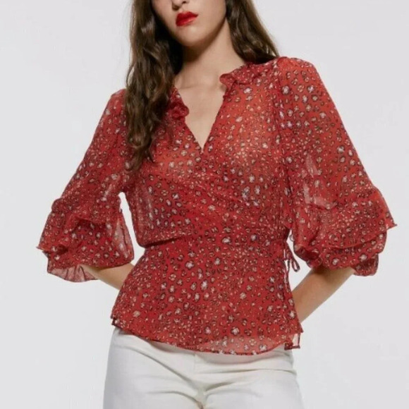 Zara Tops - Zara Animal Print Blouse Red Wrap Semi Sheer Ruffle Top
